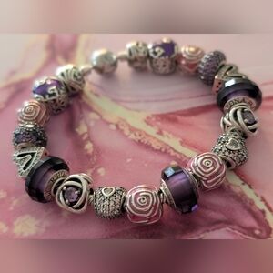 💗RESERVED Fully Loaded Pandora Bracelet & S925 Purple/Pink Floral Bundle  -8.3